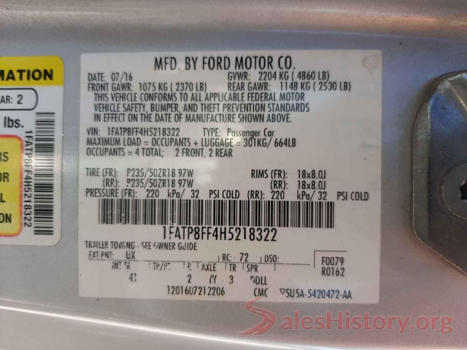 1FATP8FF4H5218322 2017 FORD MUSTANG