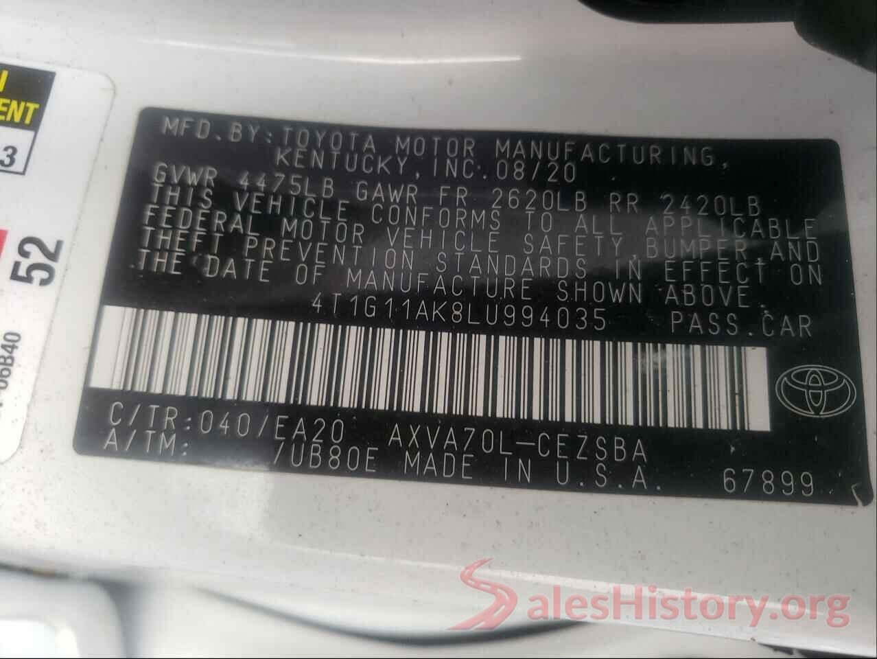 4T1G11AK8LU994035 2020 TOYOTA CAMRY