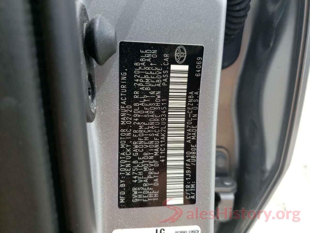 4T1C11AK2LU934511 2020 TOYOTA CAMRY