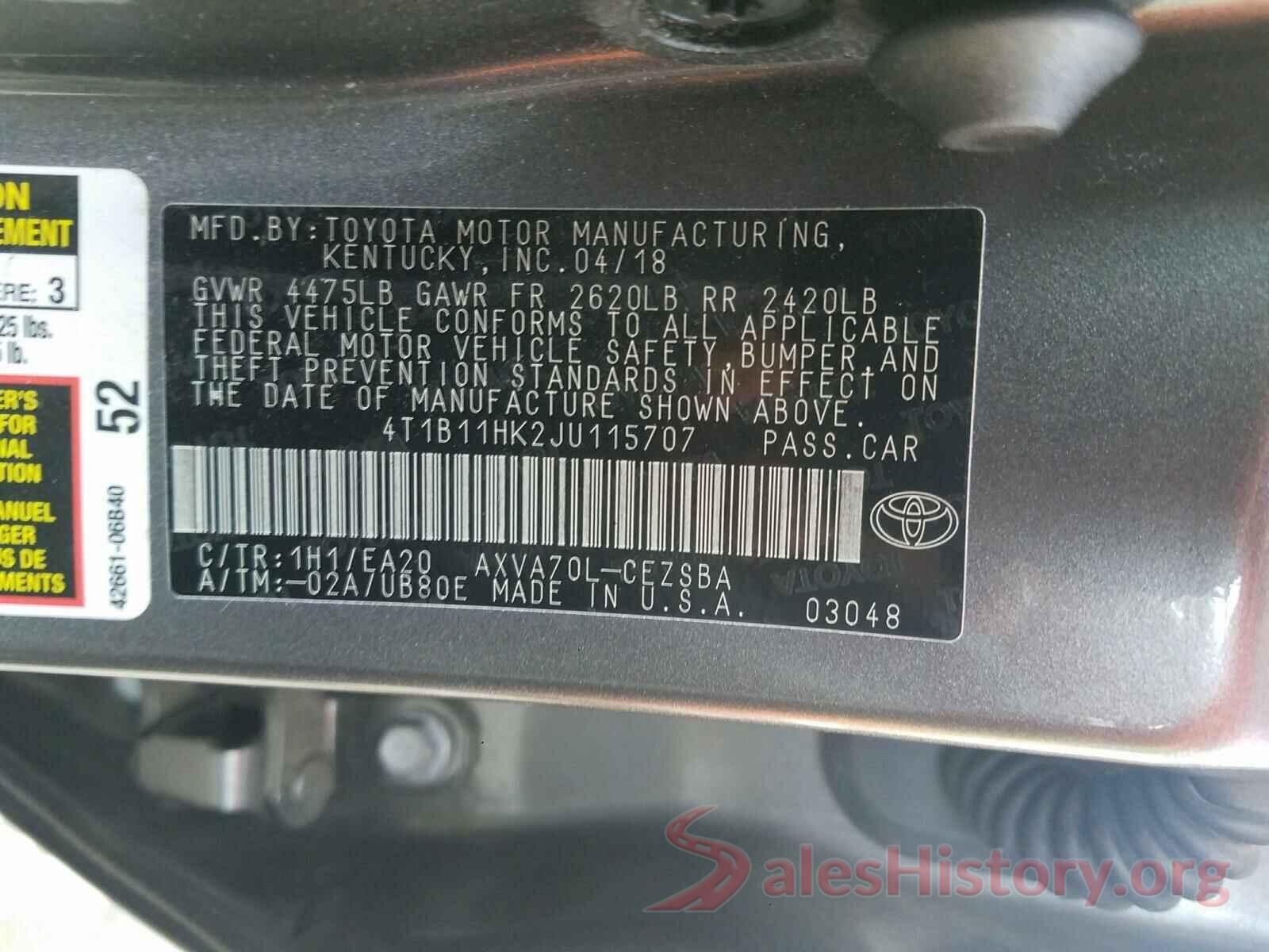 4T1B11HK2JU115707 2018 TOYOTA CAMRY