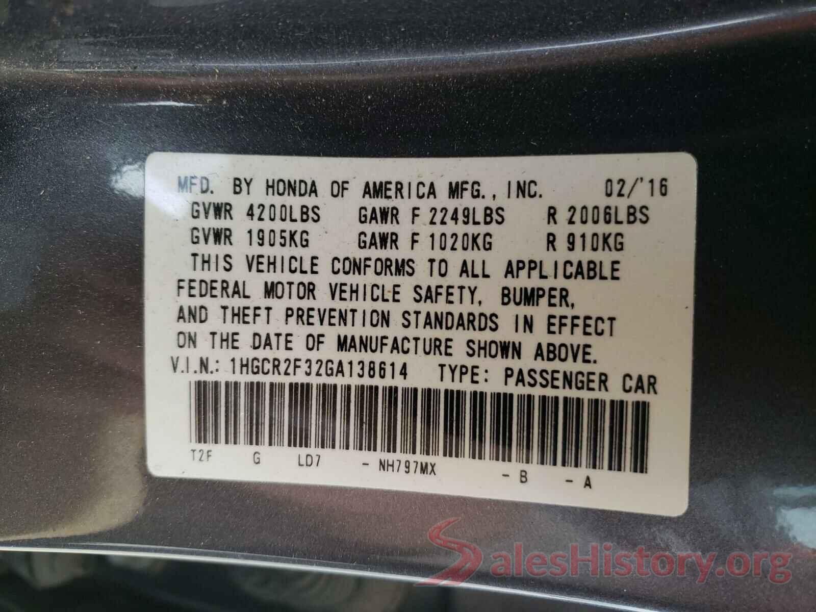 1HGCR2F32GA138614 2016 HONDA ACCORD