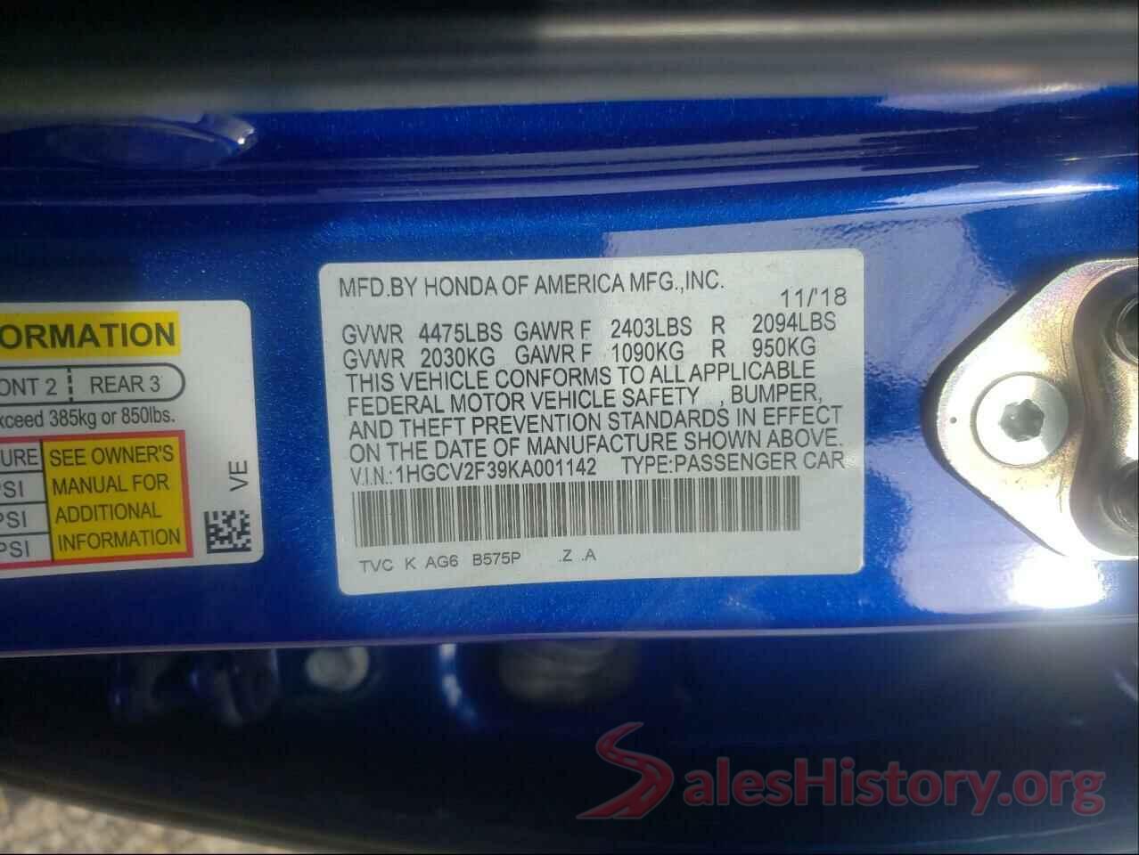 1HGCV2F39KA001142 2019 HONDA ACCORD