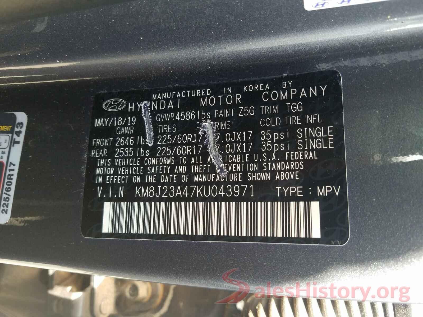 KM8J23A47KU043971 2019 HYUNDAI TUCSON