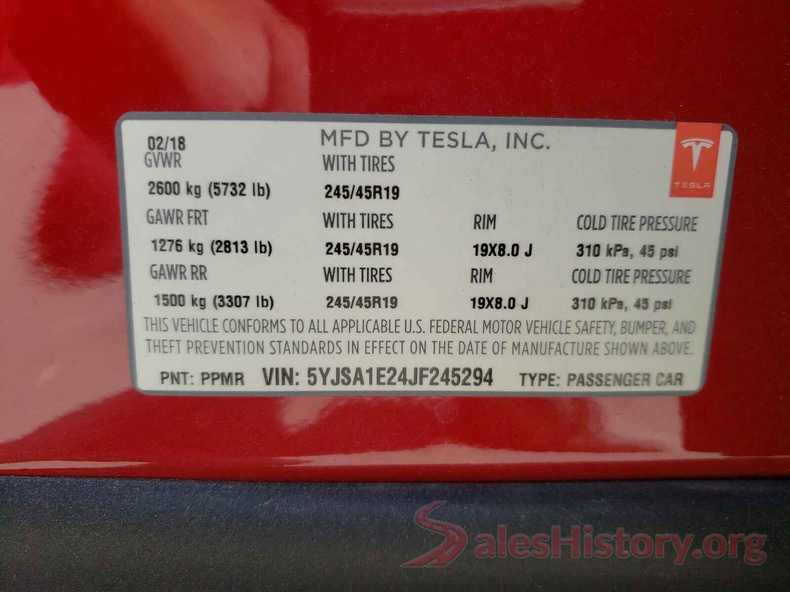 5YJSA1E24JF245294 2018 TESLA MODEL S