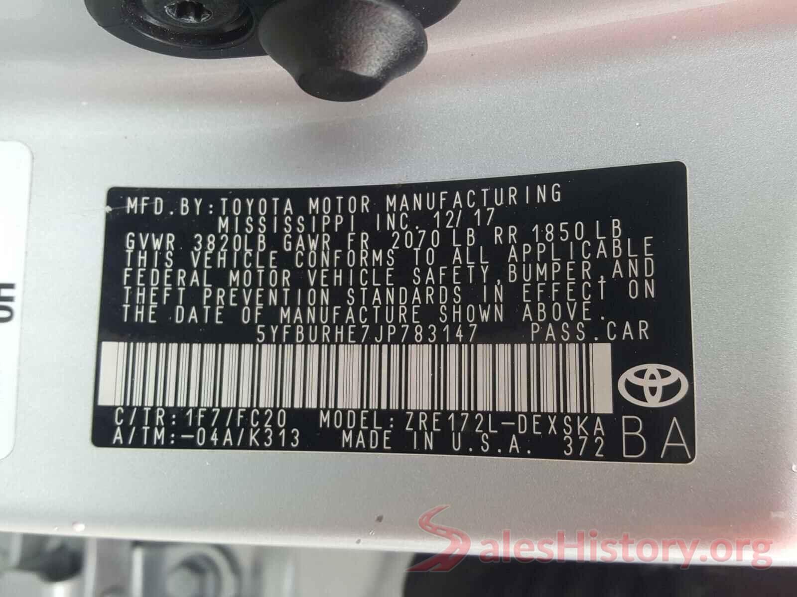 5YFBURHE7JP783147 2018 TOYOTA COROLLA