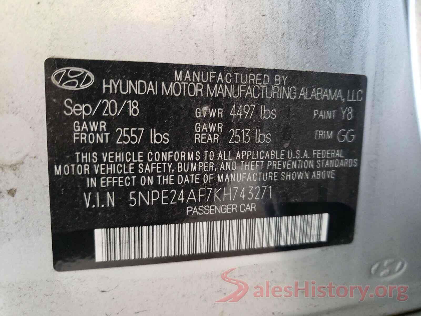 5NPE24AF7KH743271 2019 HYUNDAI SONATA