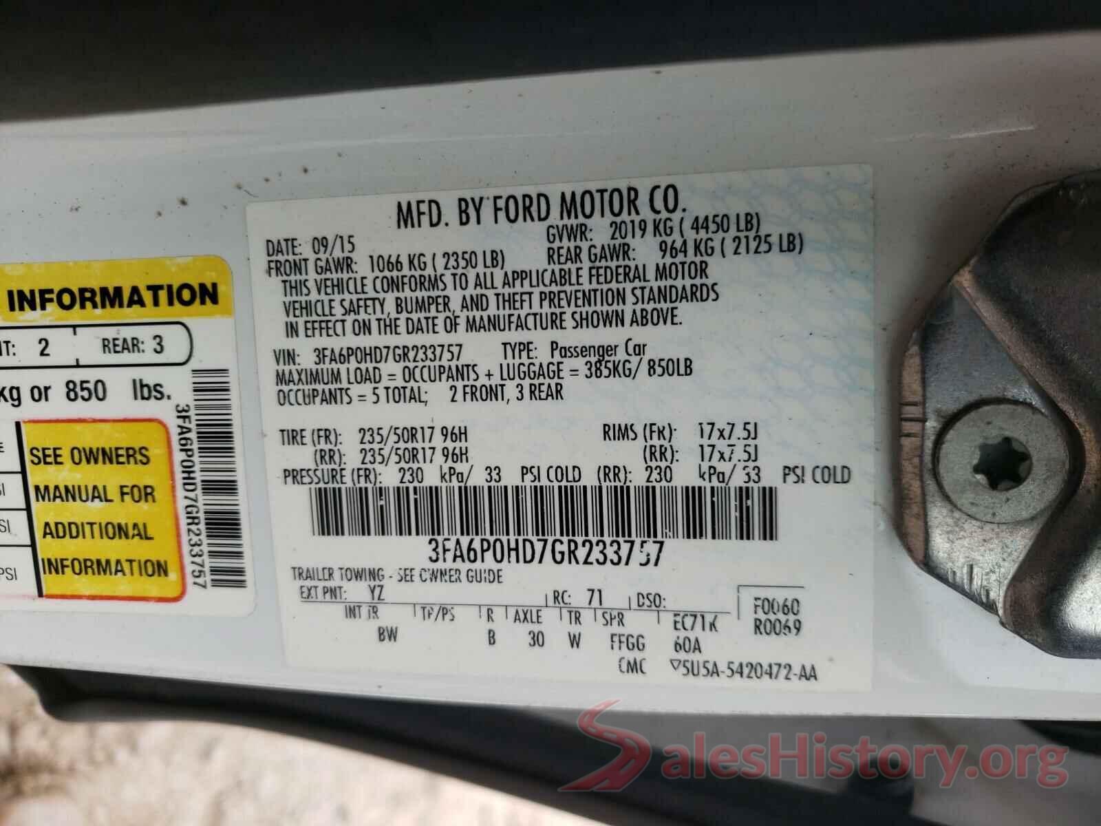 3FA6P0HD7GR233757 2016 FORD FUSION