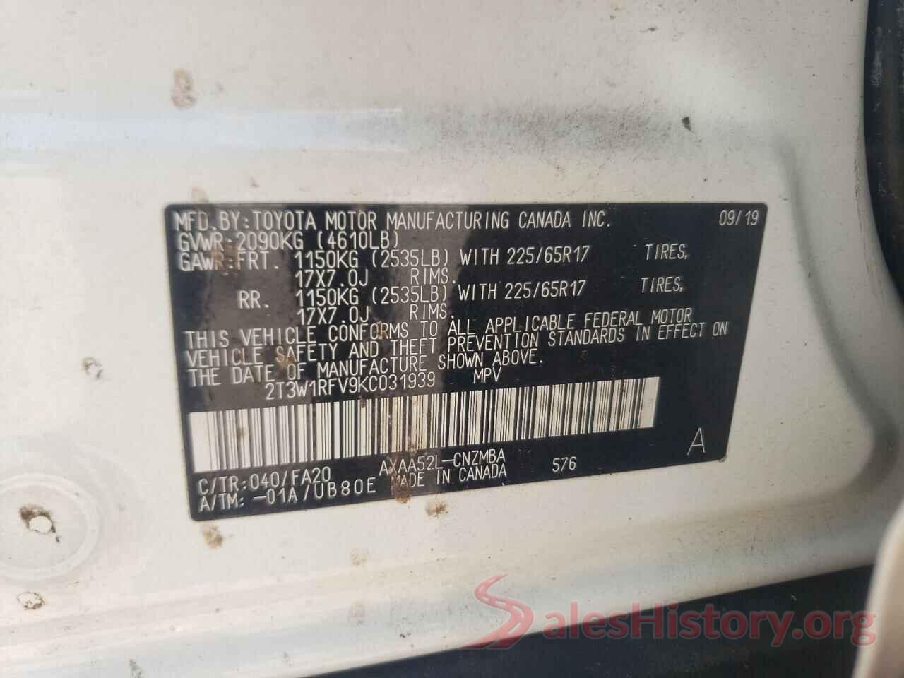 2T3W1RFV9KC031939 2019 TOYOTA RAV4