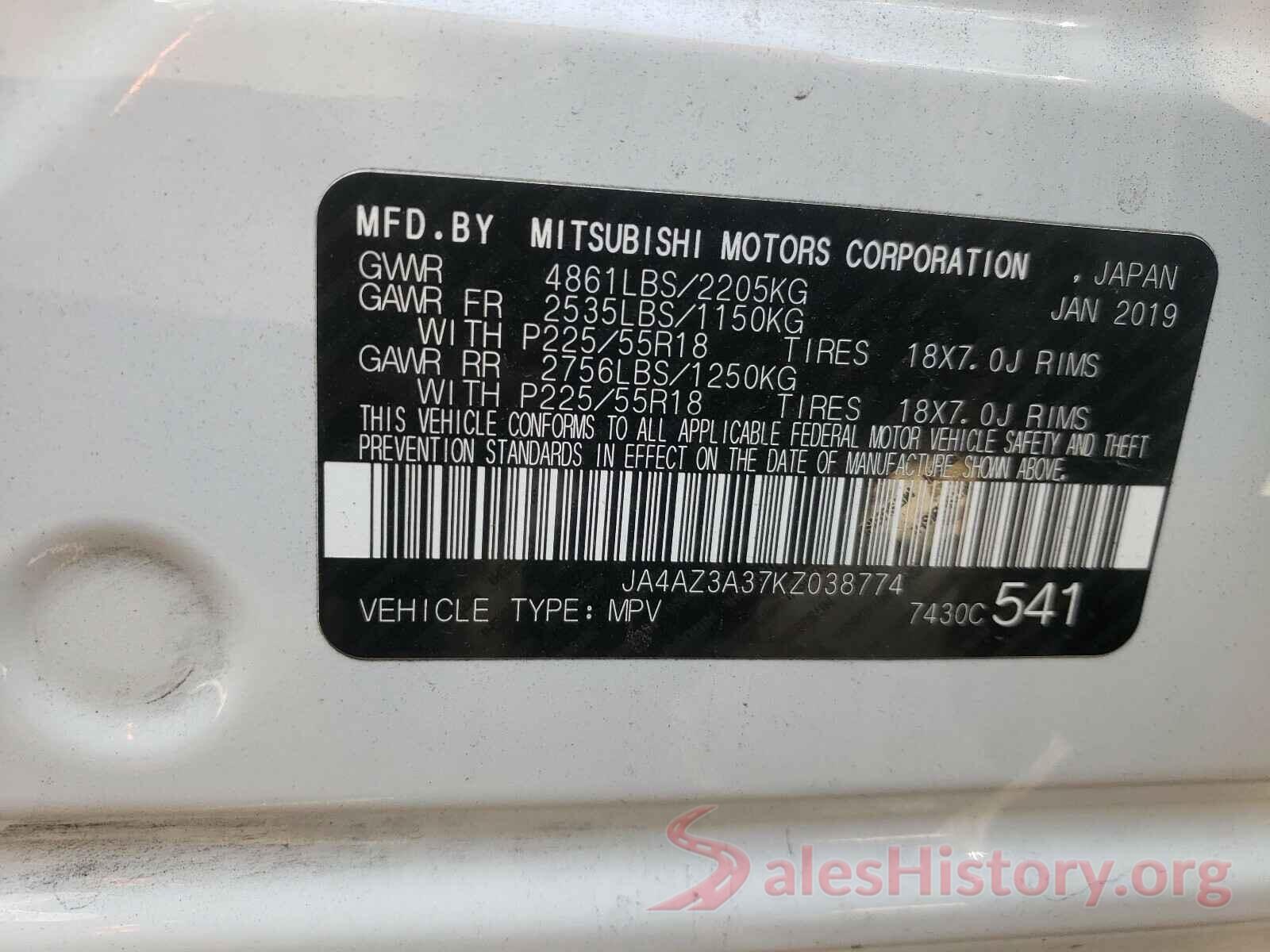 JA4AZ3A37KZ038774 2019 MITSUBISHI OUTLANDER