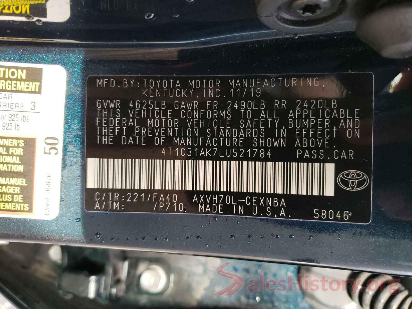 4T1C31AK7LU521784 2020 TOYOTA CAMRY