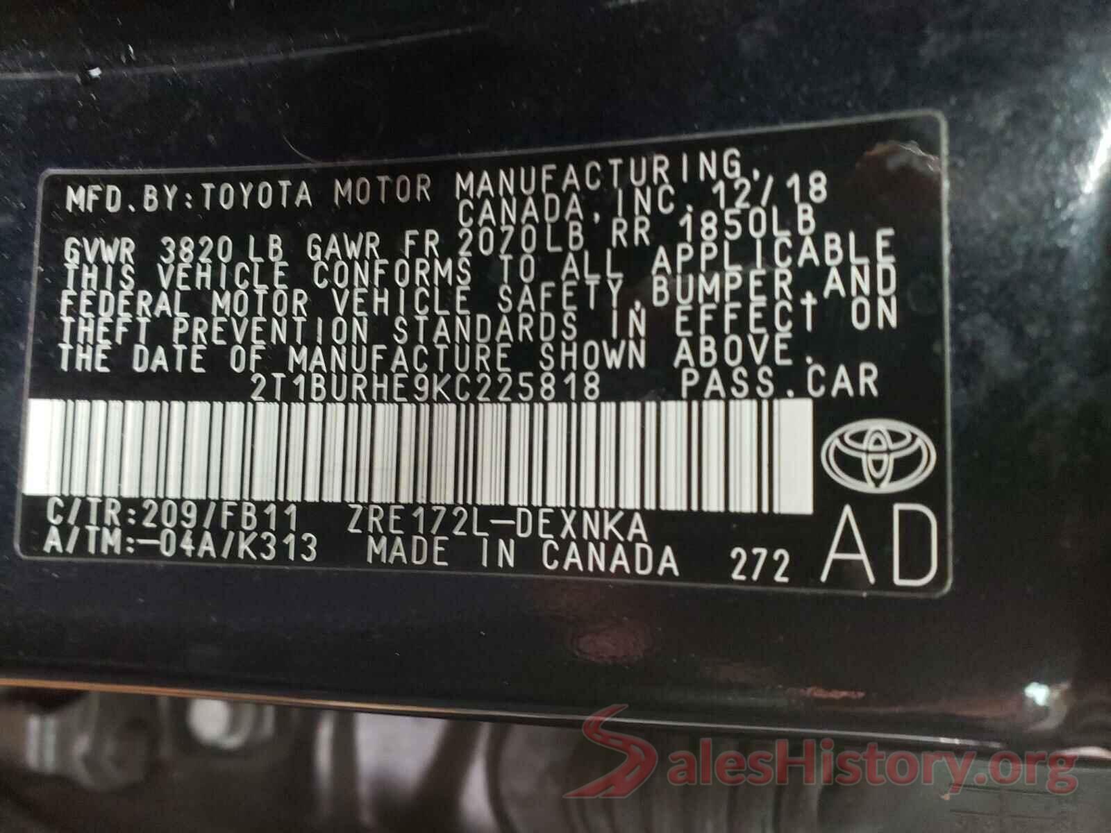 2T1BURHE9KC225818 2019 TOYOTA COROLLA