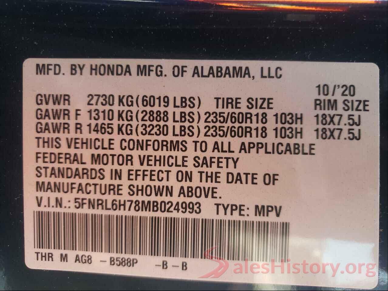 5FNRL6H78MB024993 2021 HONDA ODYSSEY