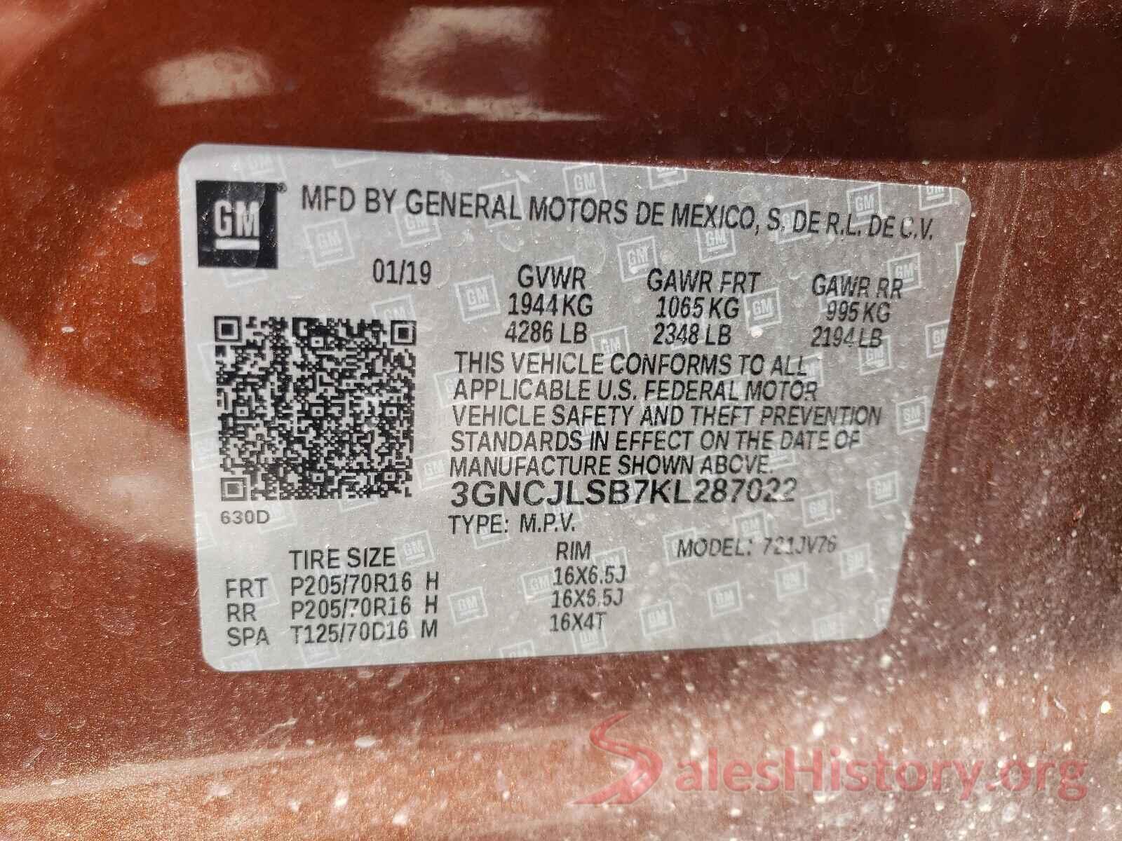 3GNCJLSB7KL287022 2019 CHEVROLET TRAX