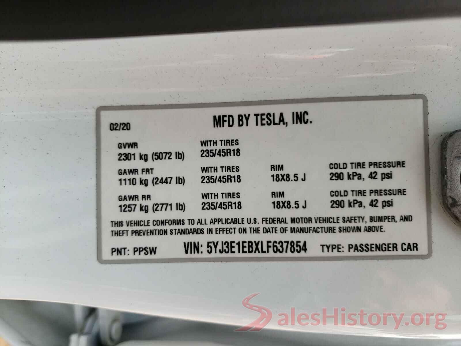 5YJ3E1EBXLF637854 2020 TESLA MODEL 3