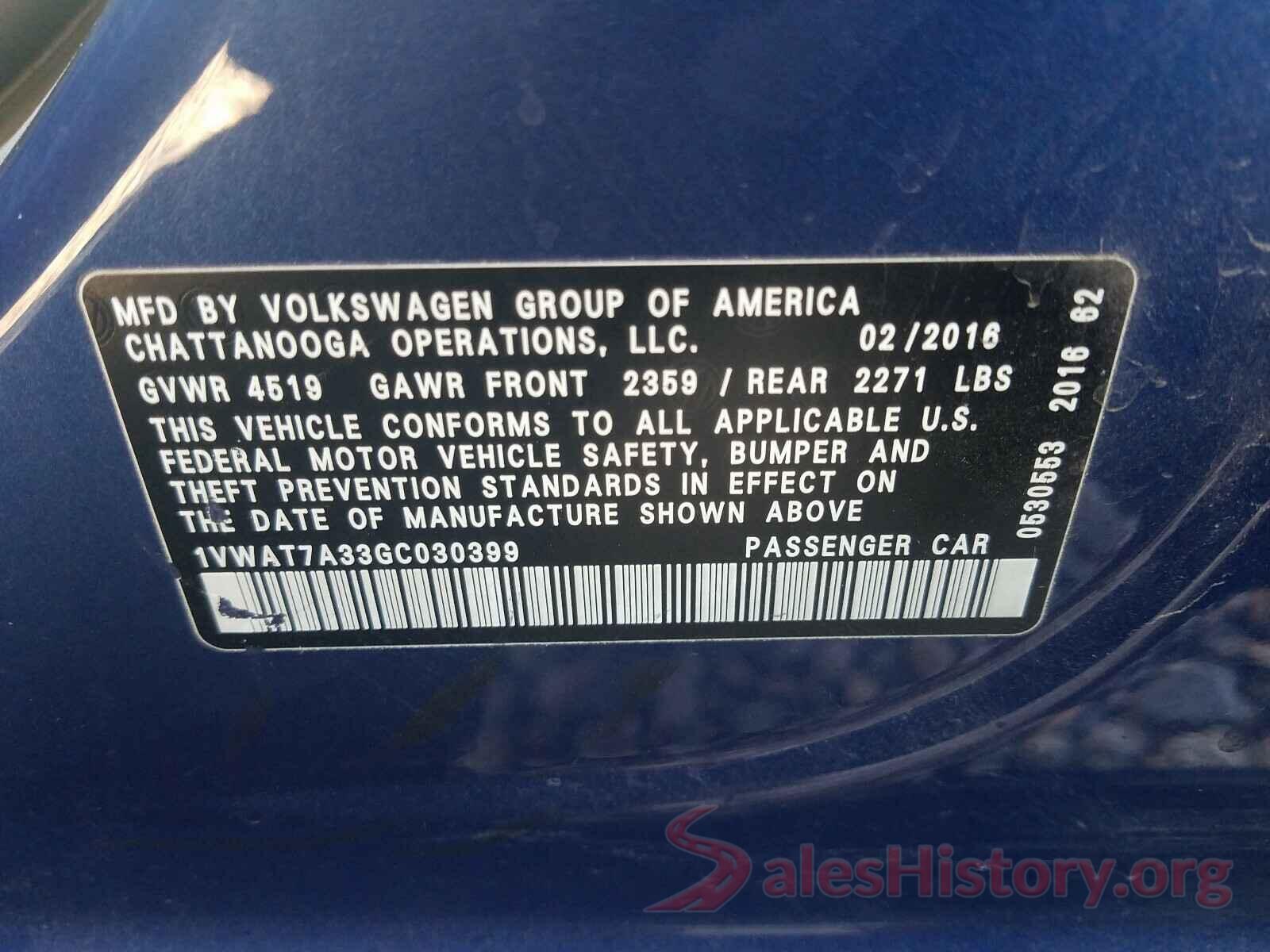 1VWAT7A33GC030399 2016 VOLKSWAGEN PASSAT