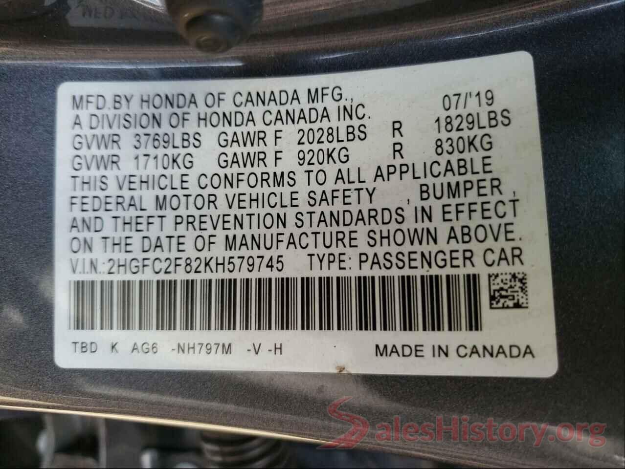 2HGFC2F82KH579745 2019 HONDA CIVIC