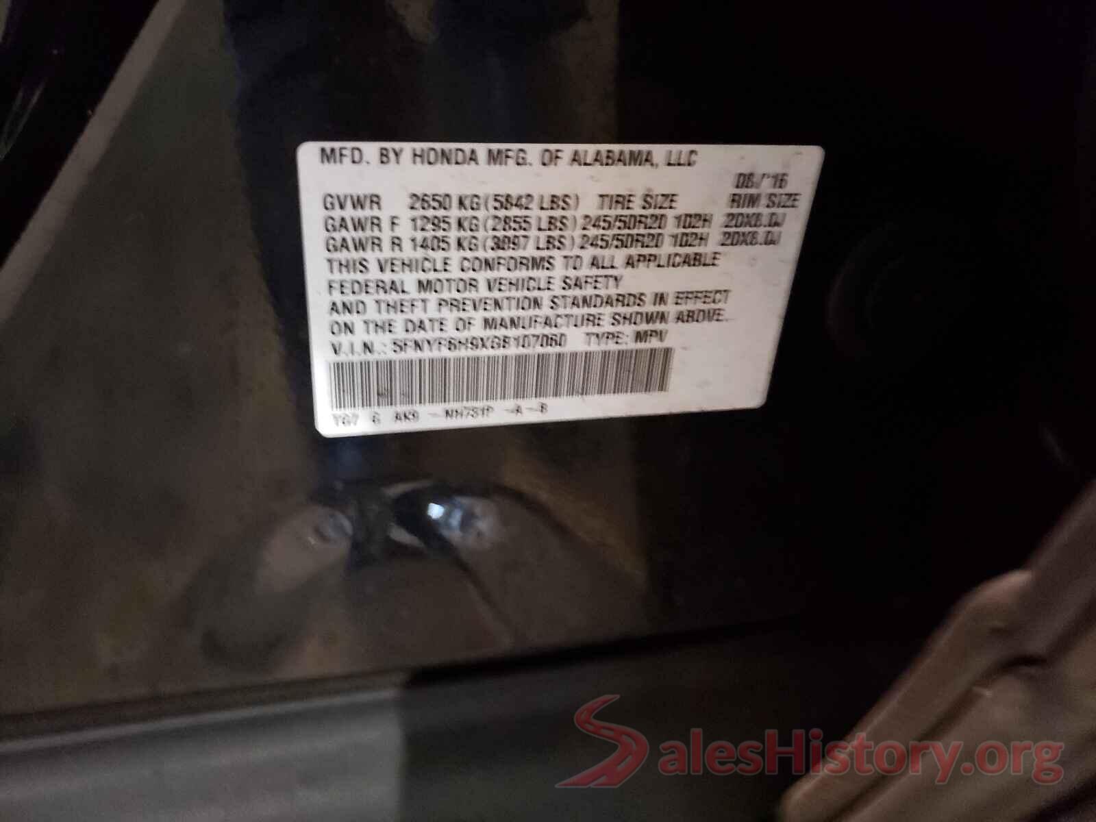 5FNYF6H9XGB107060 2016 HONDA PILOT