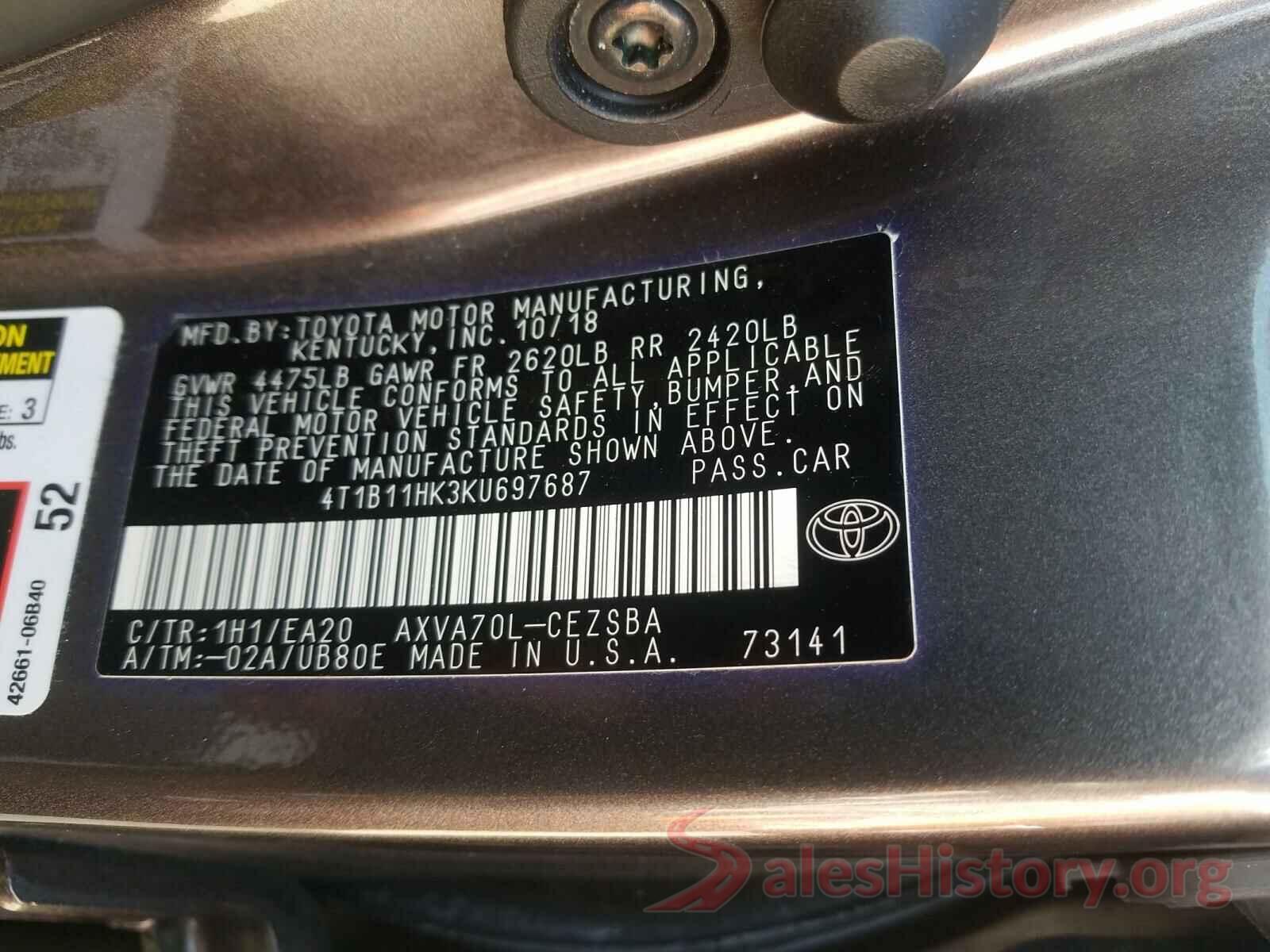 4T1B11HK3KU697687 2019 TOYOTA CAMRY