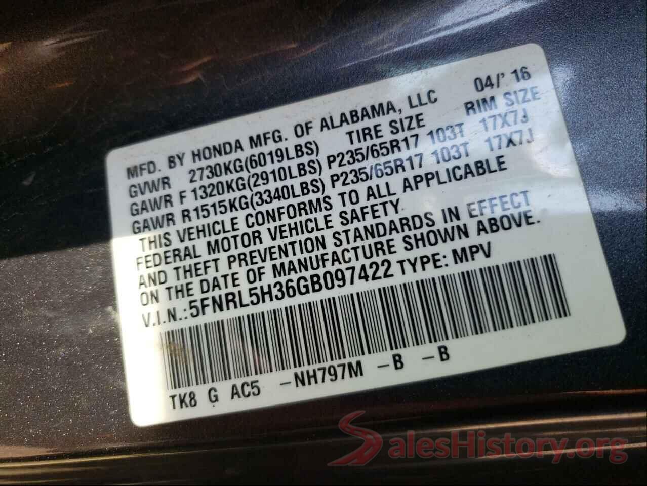 5FNRL5H36GB097422 2016 HONDA ODYSSEY