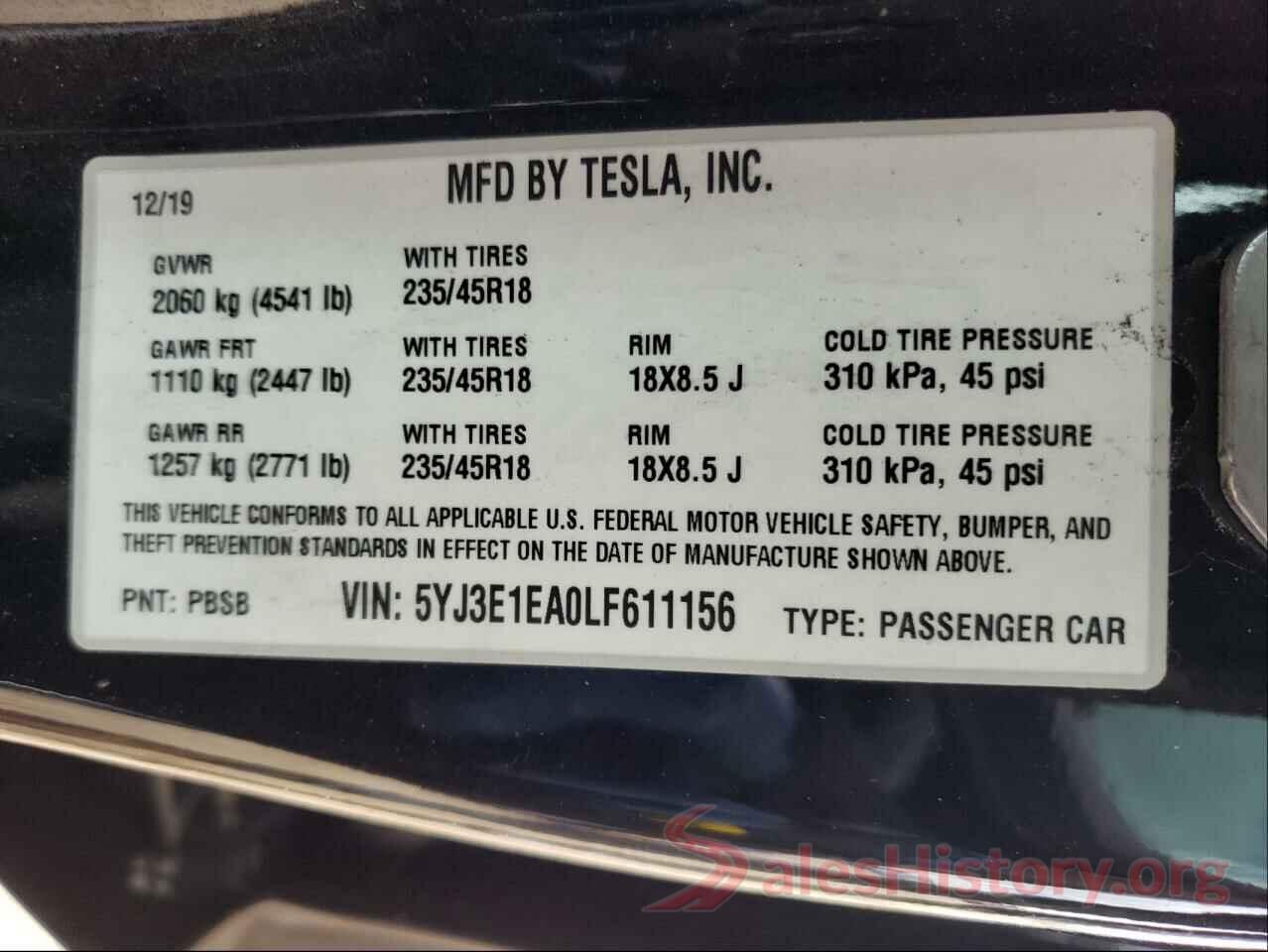 5YJ3E1EA0LF611156 2020 TESLA MODEL 3