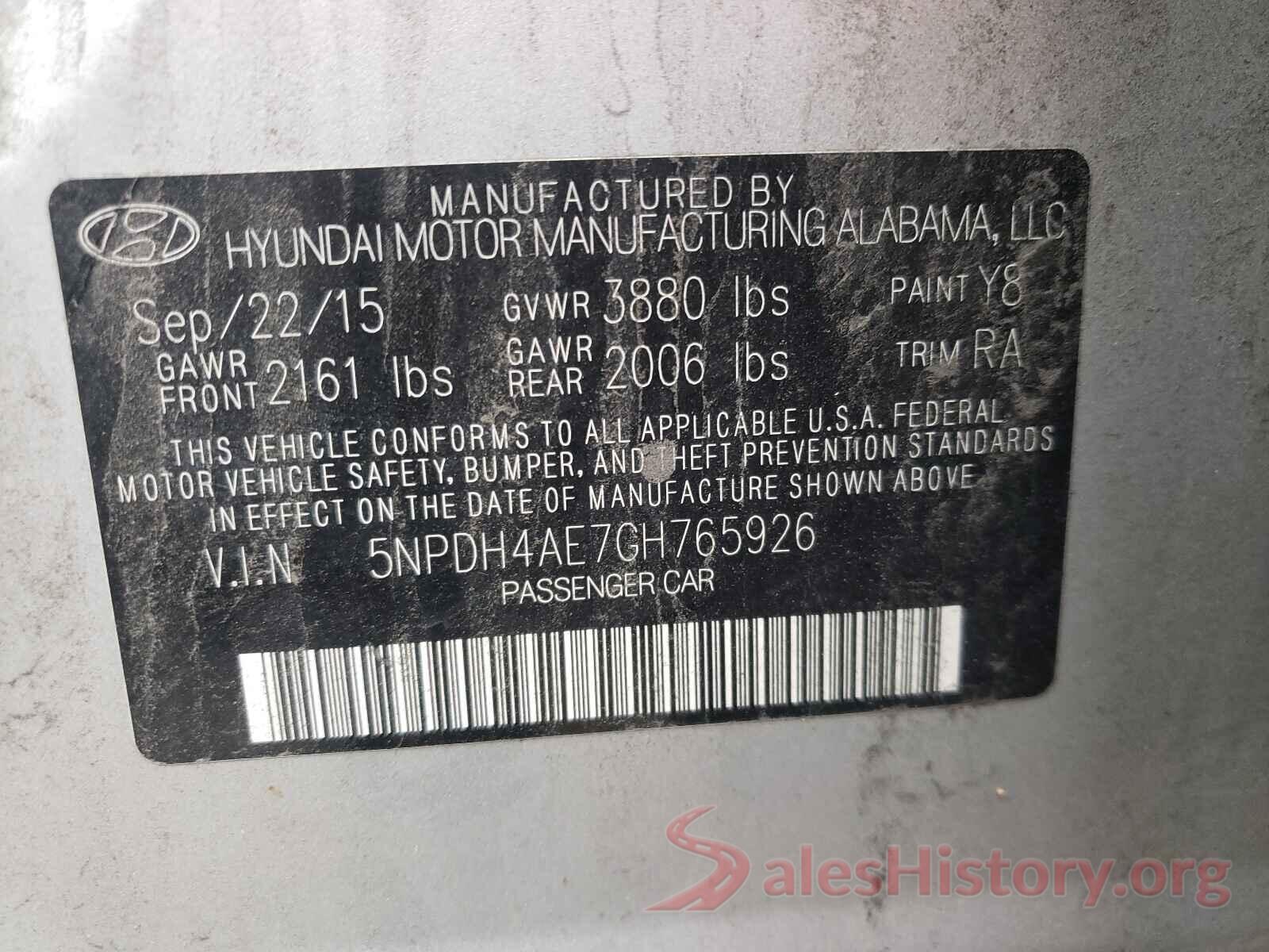 5NPDH4AE7GH765926 2016 HYUNDAI ELANTRA