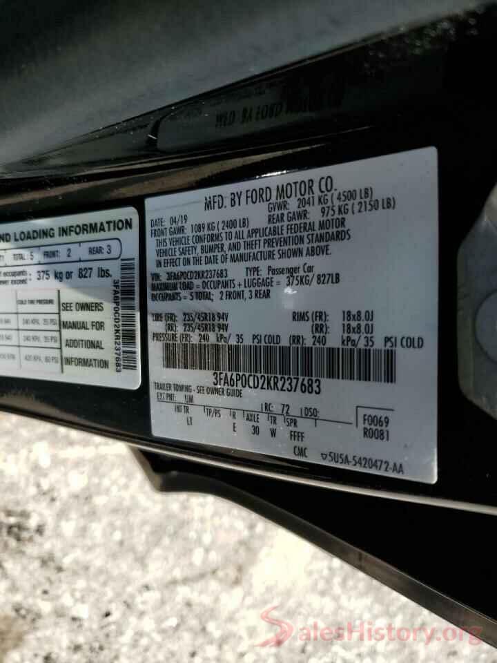 3FA6P0CD2KR237683 2019 FORD FUSION