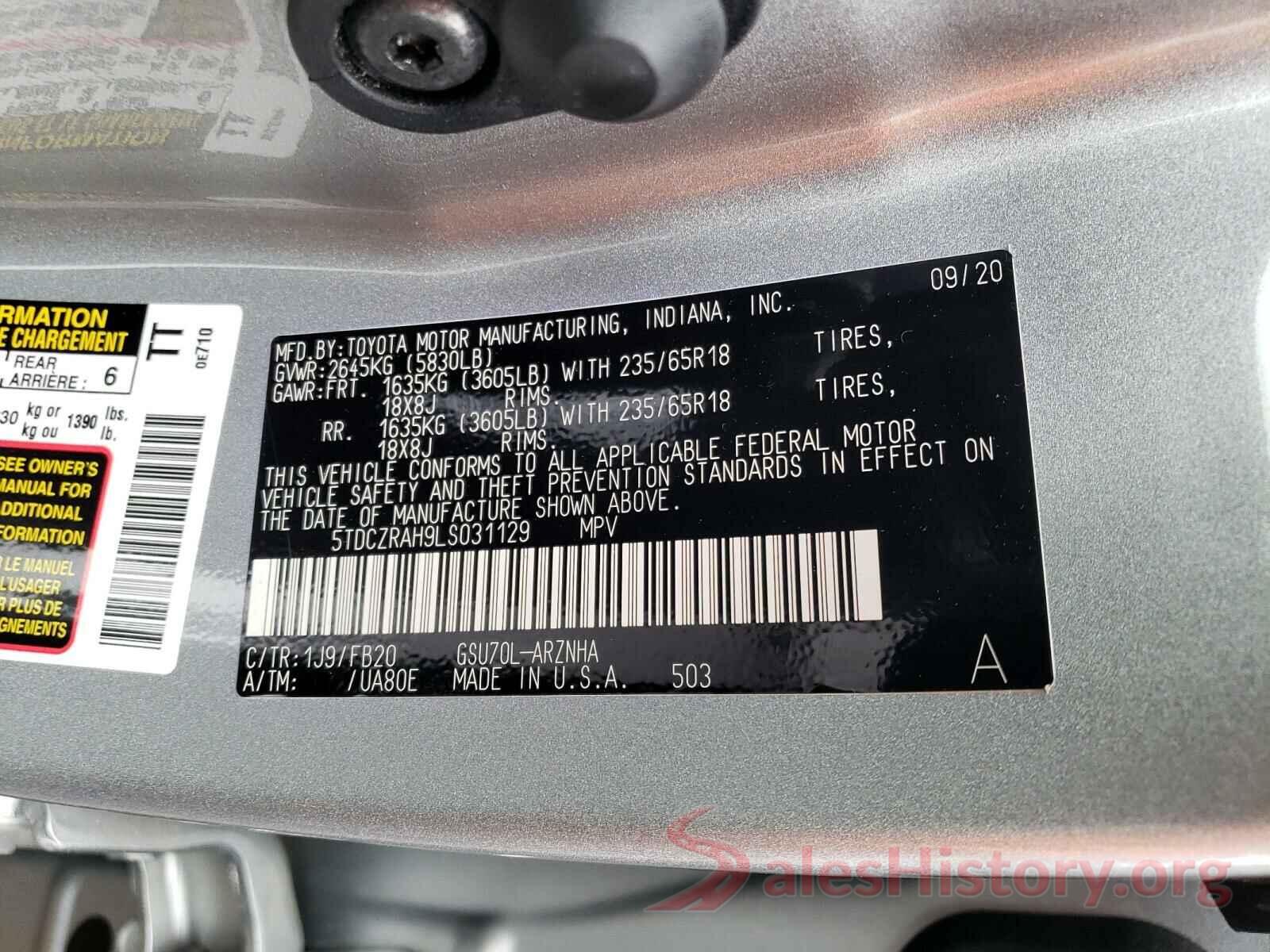 5TDCZRAH9LS031129 2020 TOYOTA HIGHLANDER