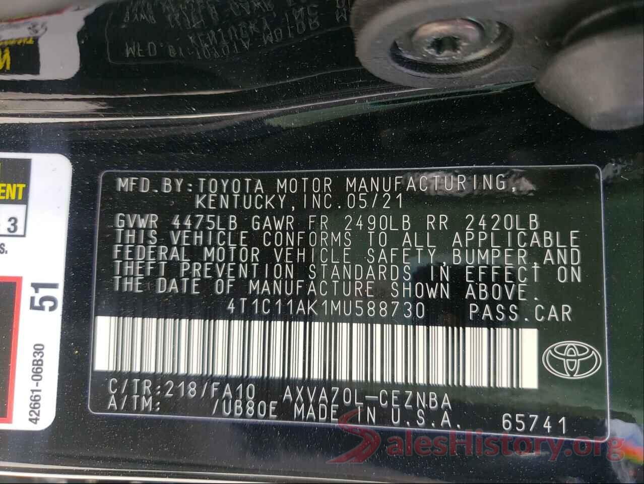 4T1C11AK1MU588730 2021 TOYOTA CAMRY