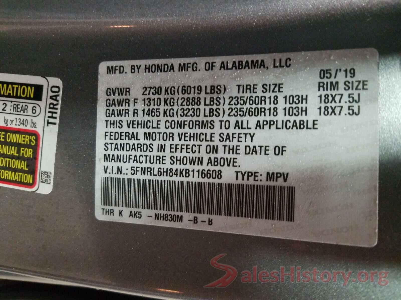 5FNRL6H84KB116608 2019 HONDA ODYSSEY