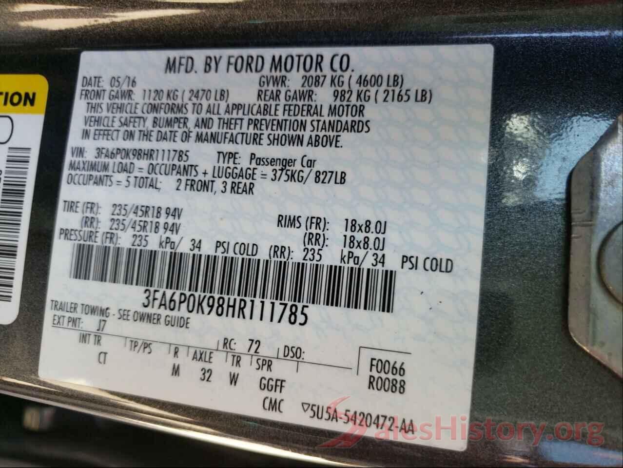 3FA6P0K98HR111785 2017 FORD FUSION