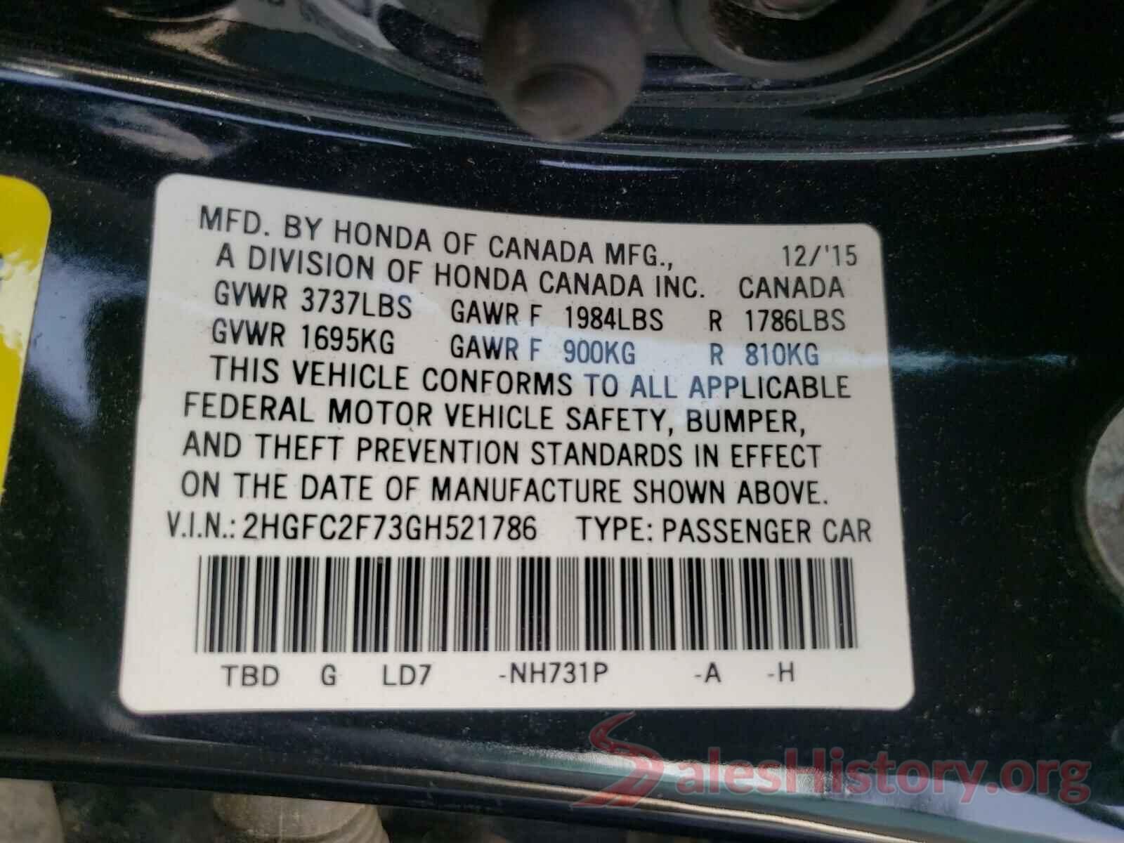 2HGFC2F73GH521786 2016 HONDA CIVIC