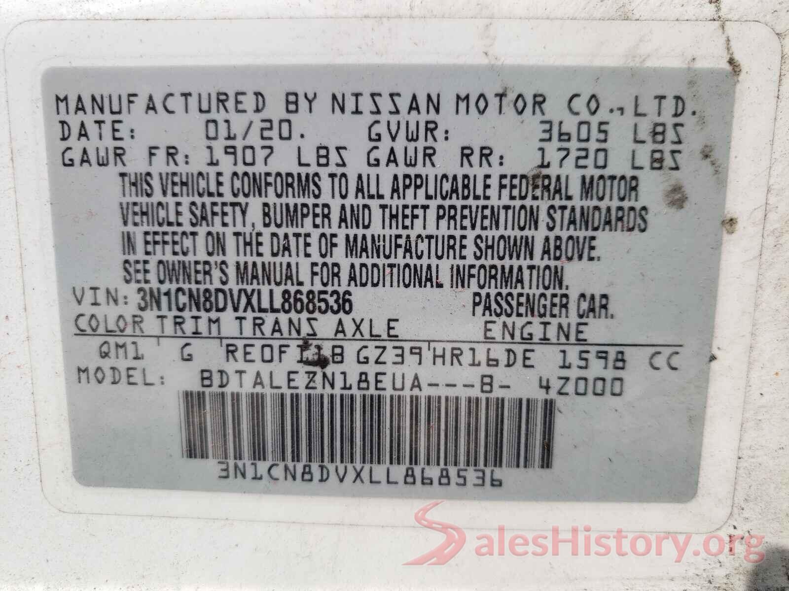 3N1CN8DVXLL868536 2020 NISSAN VERSA