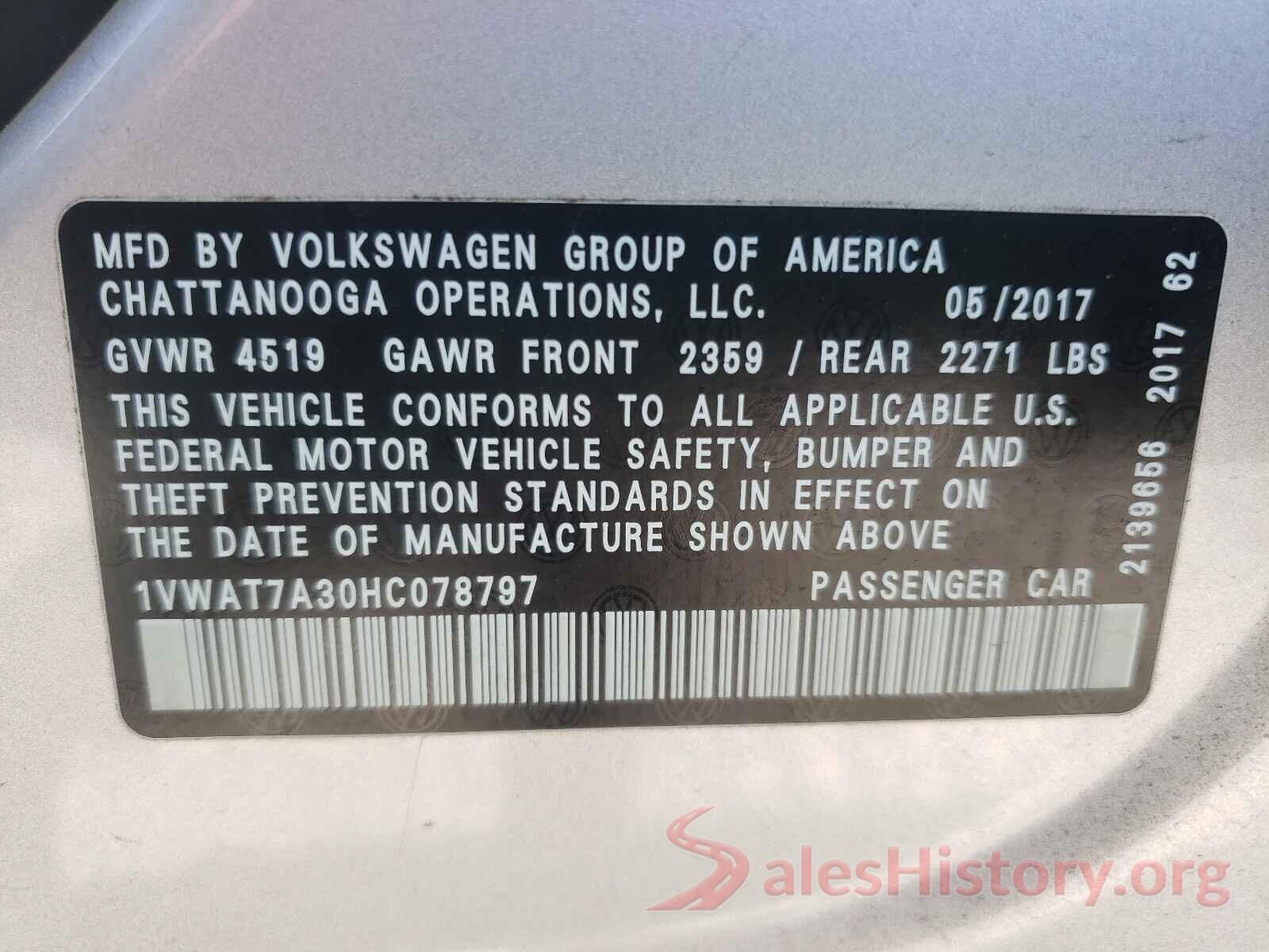 1VWAT7A30HC078797 2017 VOLKSWAGEN PASSAT