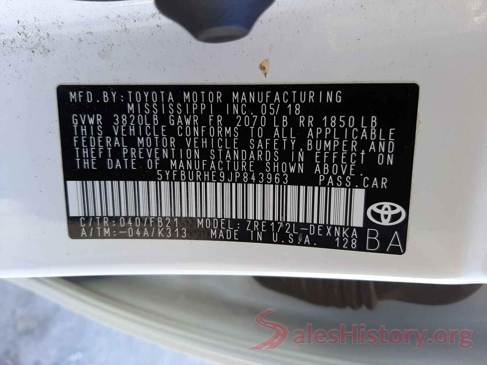 5YFBURHE9JP843963 2018 TOYOTA COROLLA