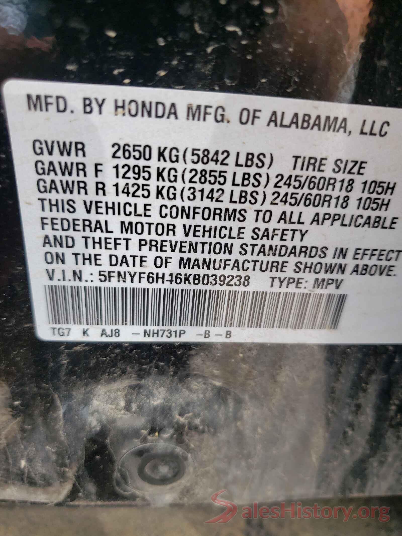 5FNYF6H46KB039238 2019 HONDA PILOT