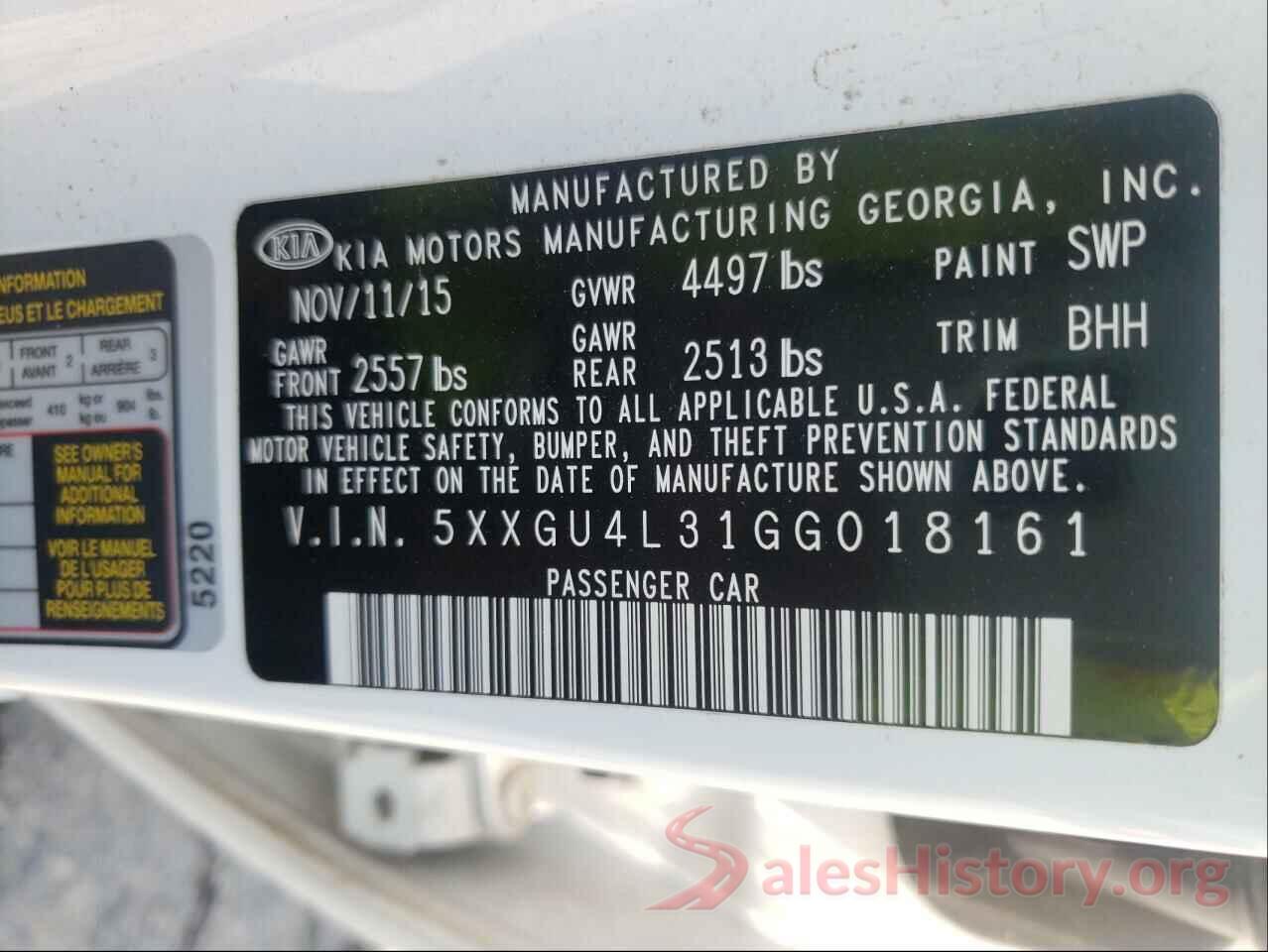 5XXGU4L31GG018161 2016 KIA OPTIMA