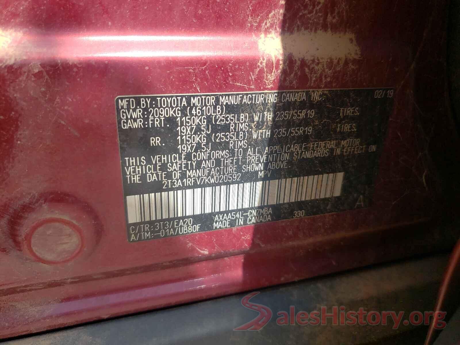 2T3A1RFV7KW020592 2019 TOYOTA RAV4