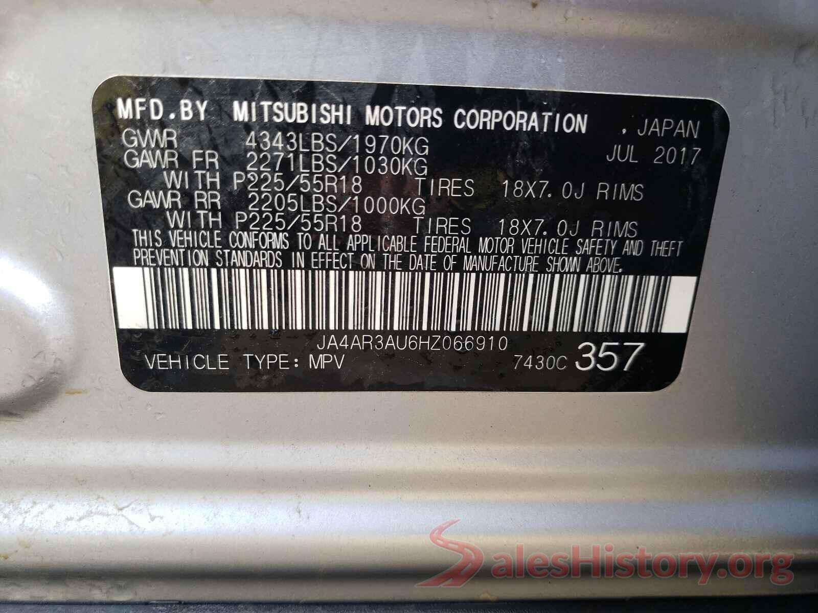 JA4AR3AU6HZ066910 2017 MITSUBISHI OUTLANDER