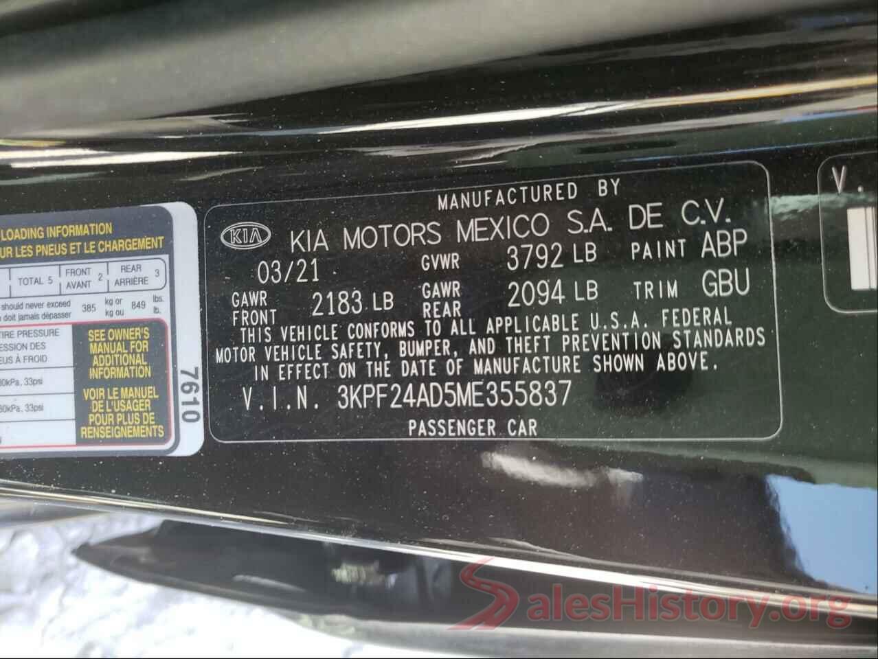 3KPF24AD5ME355837 2021 KIA FORTE