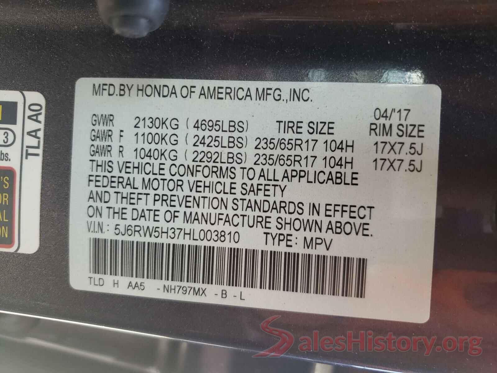 5J6RW5H37HL003810 2017 HONDA CRV