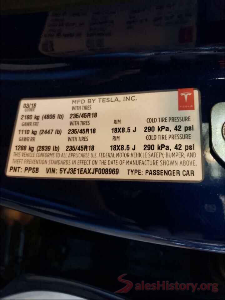 5YJ3E1EAXJF008969 2018 TESLA MODEL 3