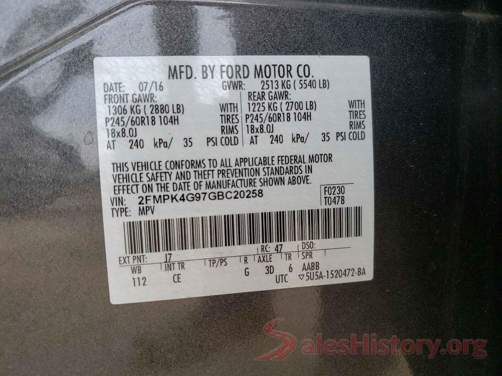 2FMPK4G97GBC20258 2016 FORD EDGE