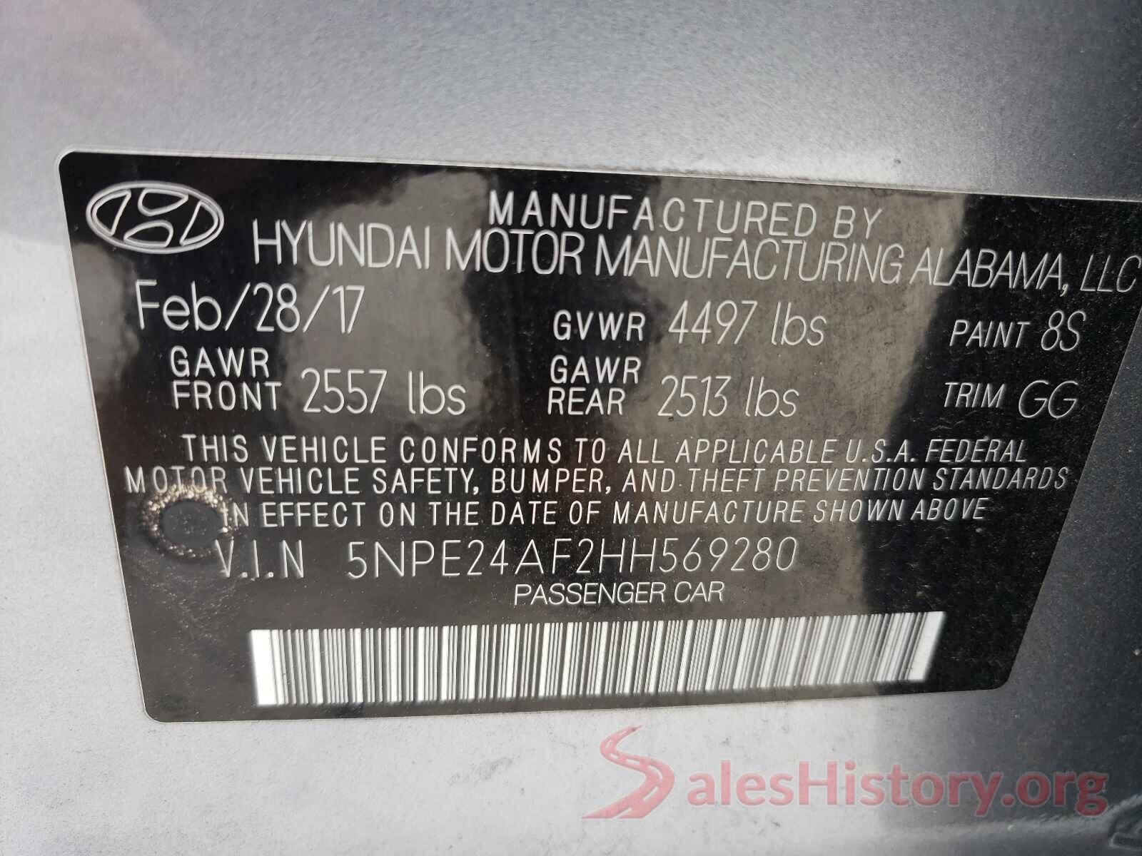 5NPE24AF2HH569280 2017 HYUNDAI SONATA