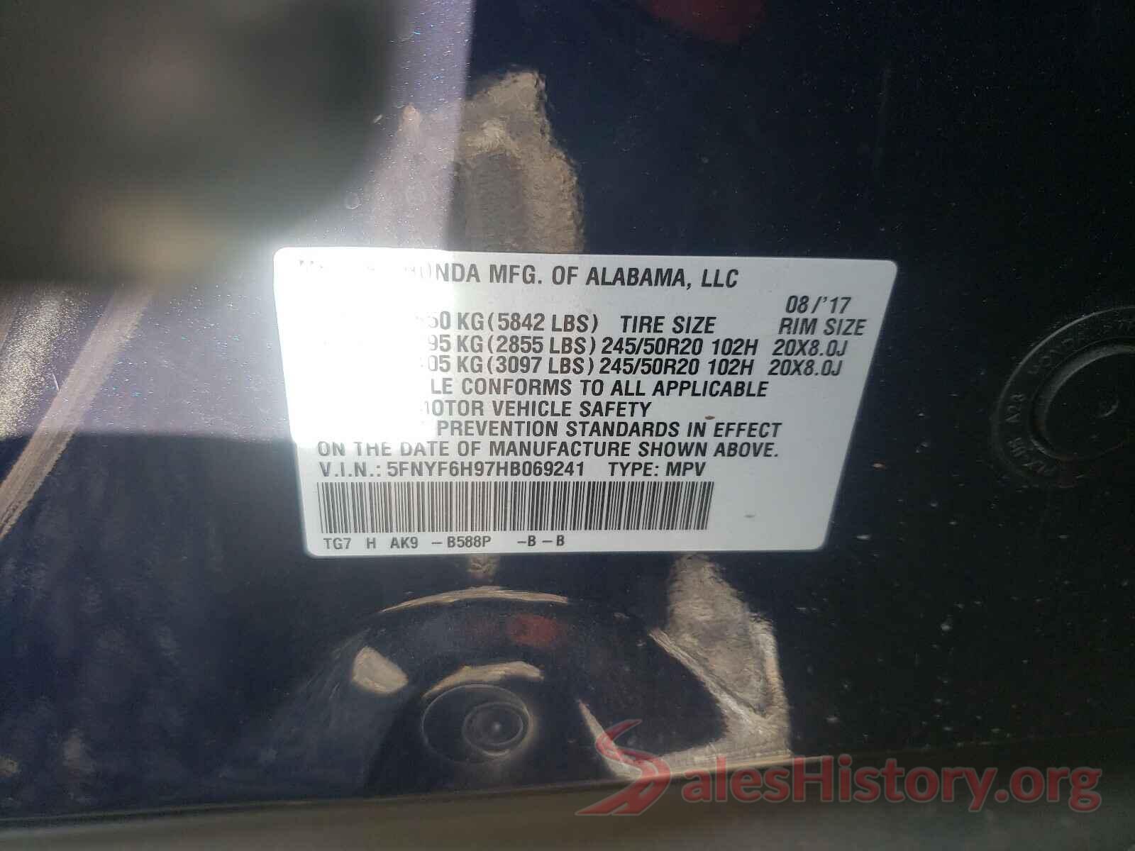 5FNYF6H97HB069241 2017 HONDA PILOT