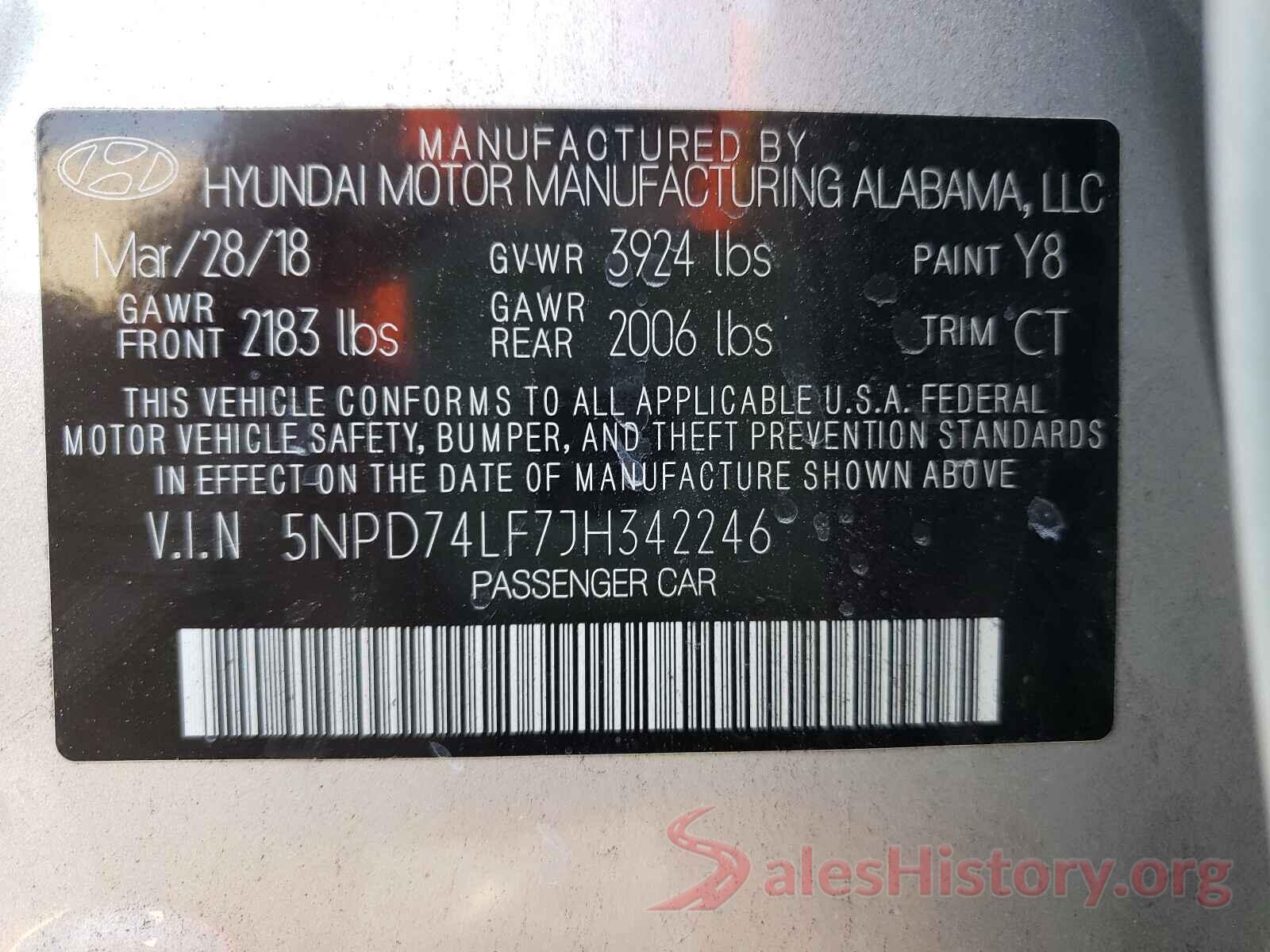 5NPD74LF7JH342246 2018 HYUNDAI ELANTRA