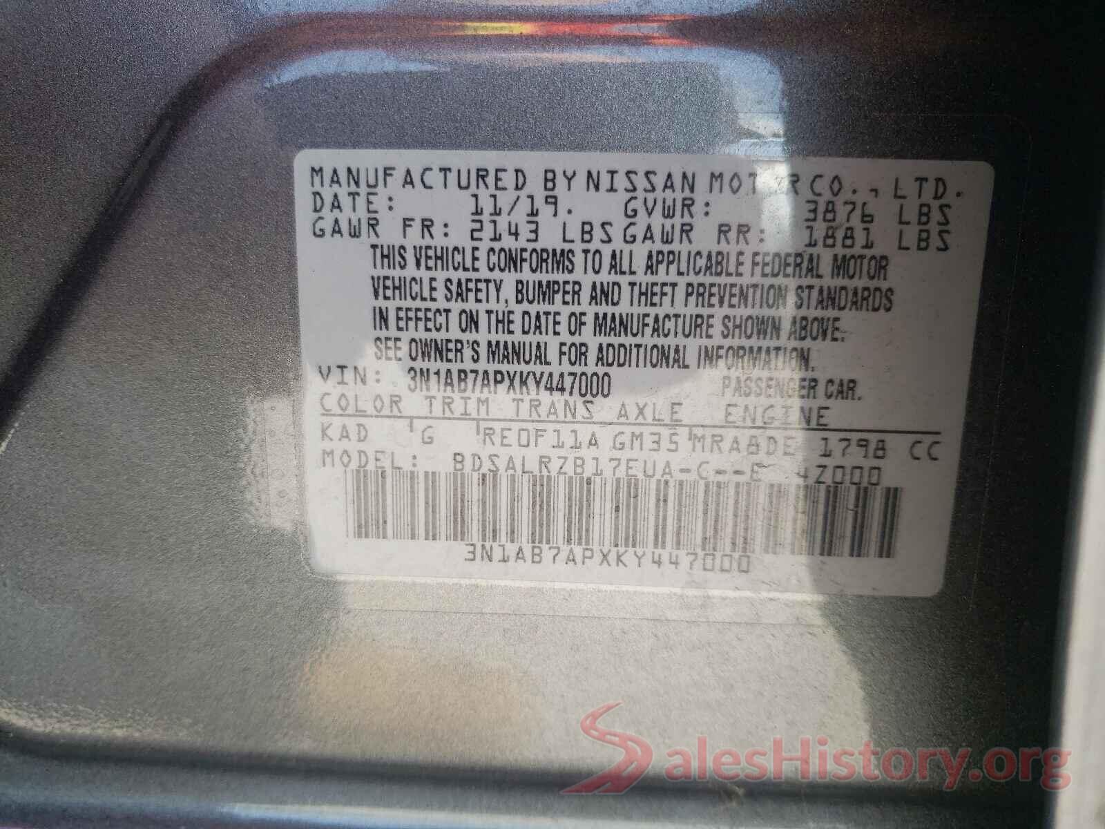 3N1AB7APXKY447000 2019 NISSAN SENTRA