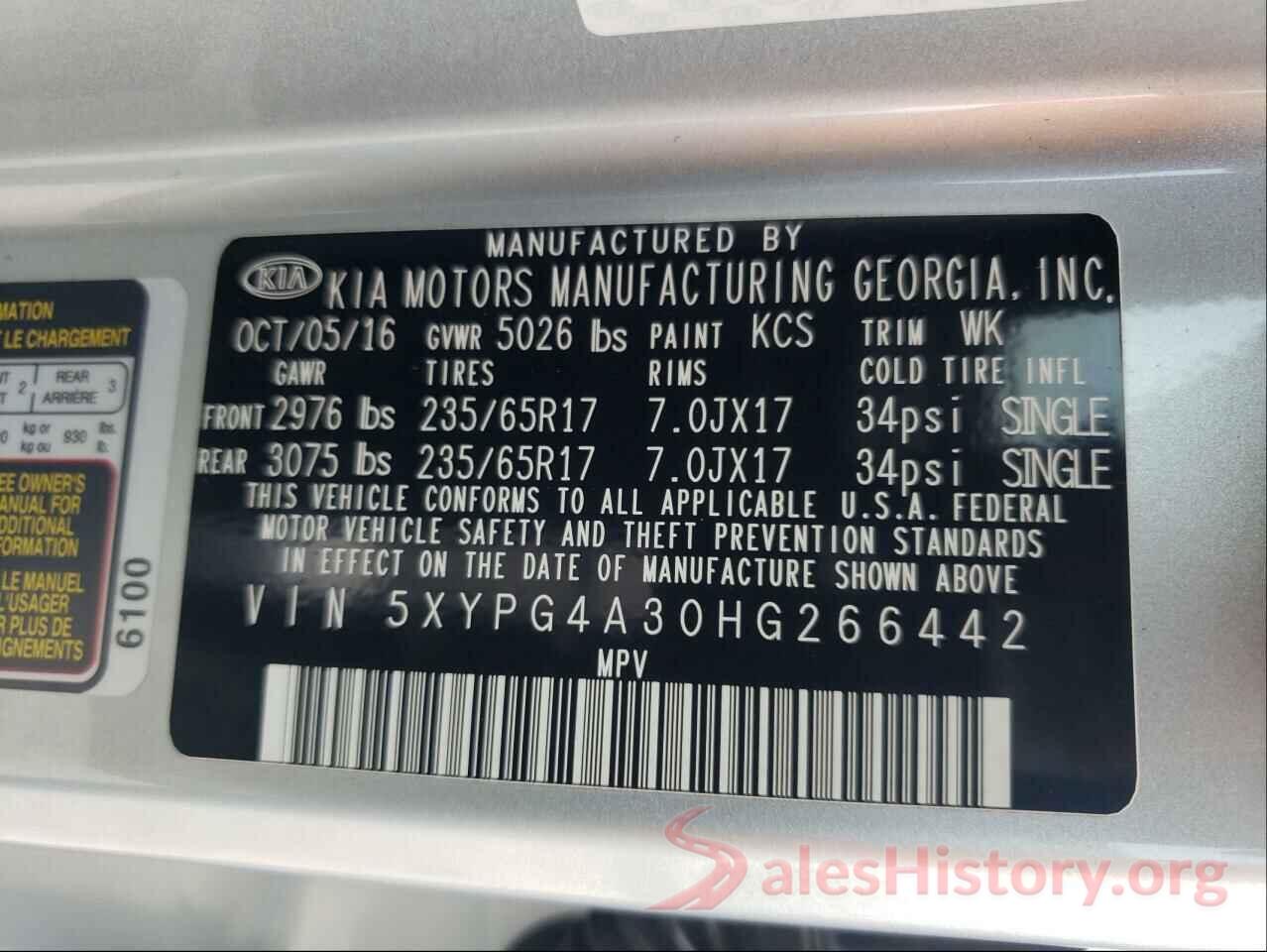 5XYPG4A30HG266442 2017 KIA SORENTO