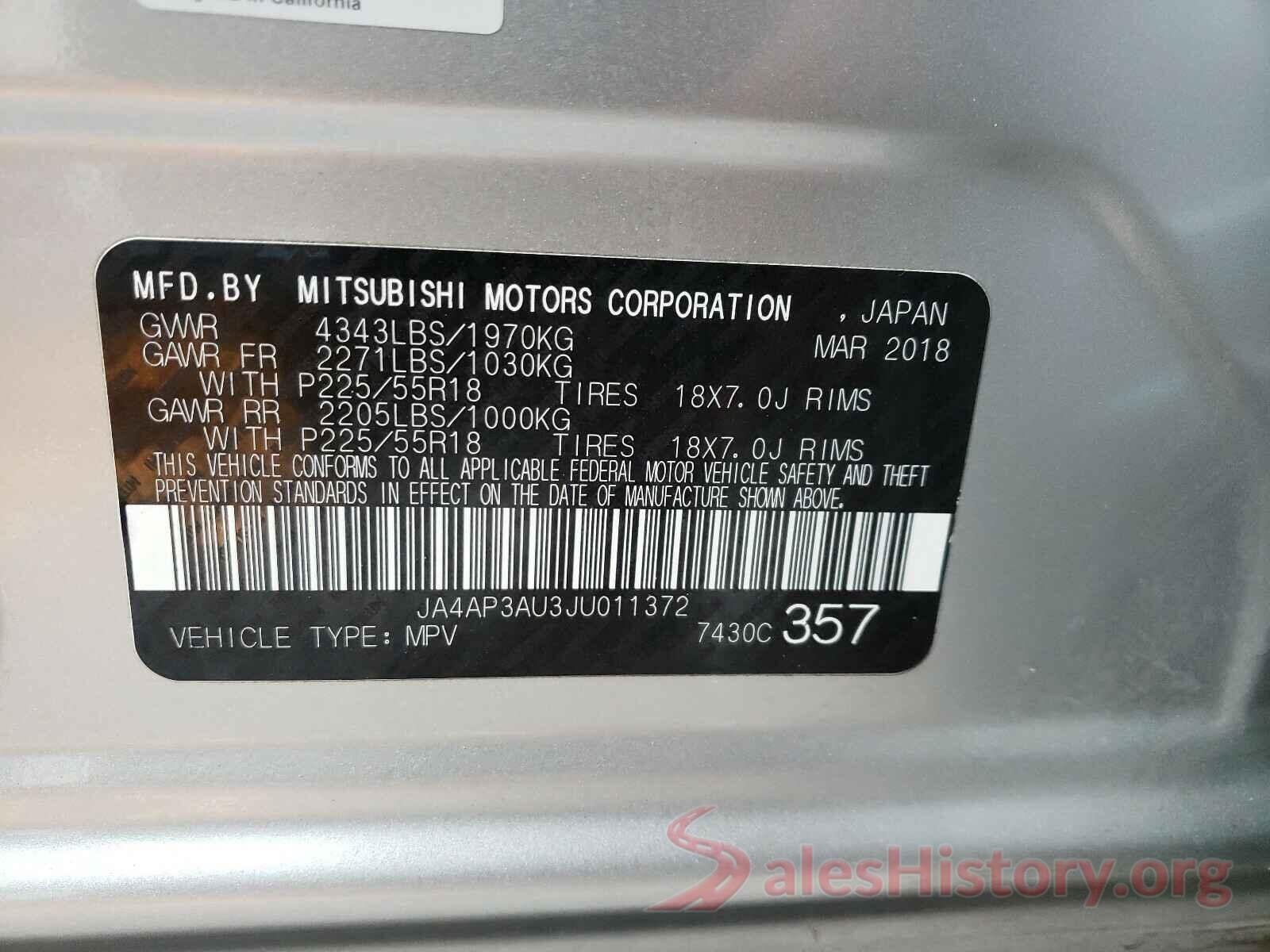 JA4AP3AU3JU011372 2018 MITSUBISHI OUTLANDER