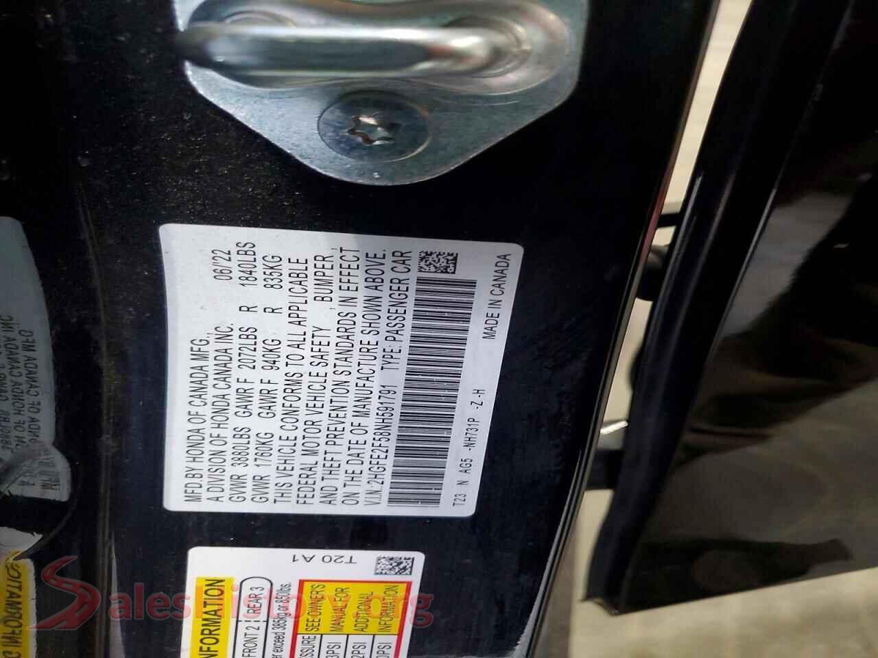 2022 HONDA CIVIC VIN 2HGFE2F58NH591791, trunk area