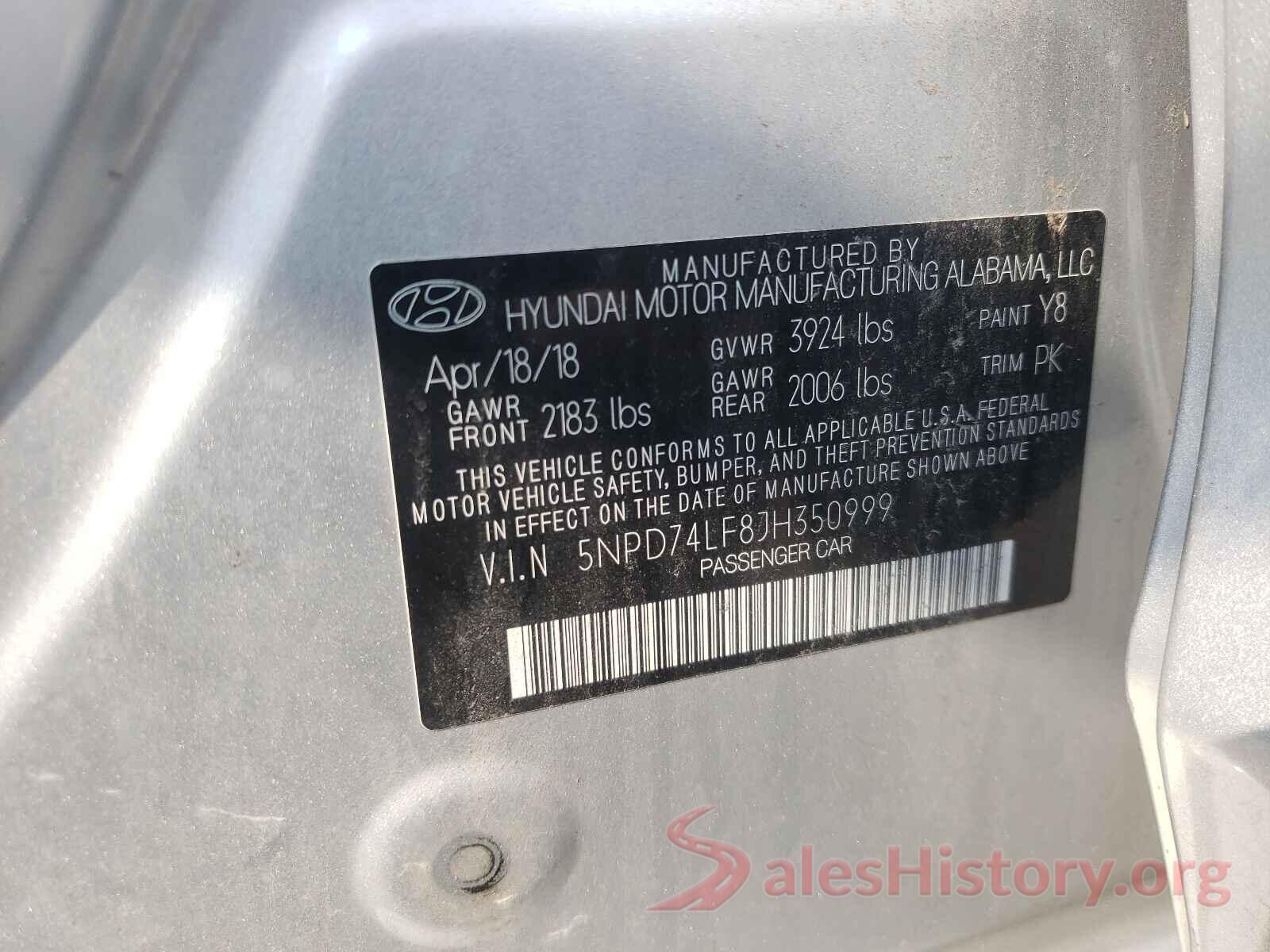 5NPD74LF8JH350999 2018 HYUNDAI ELANTRA